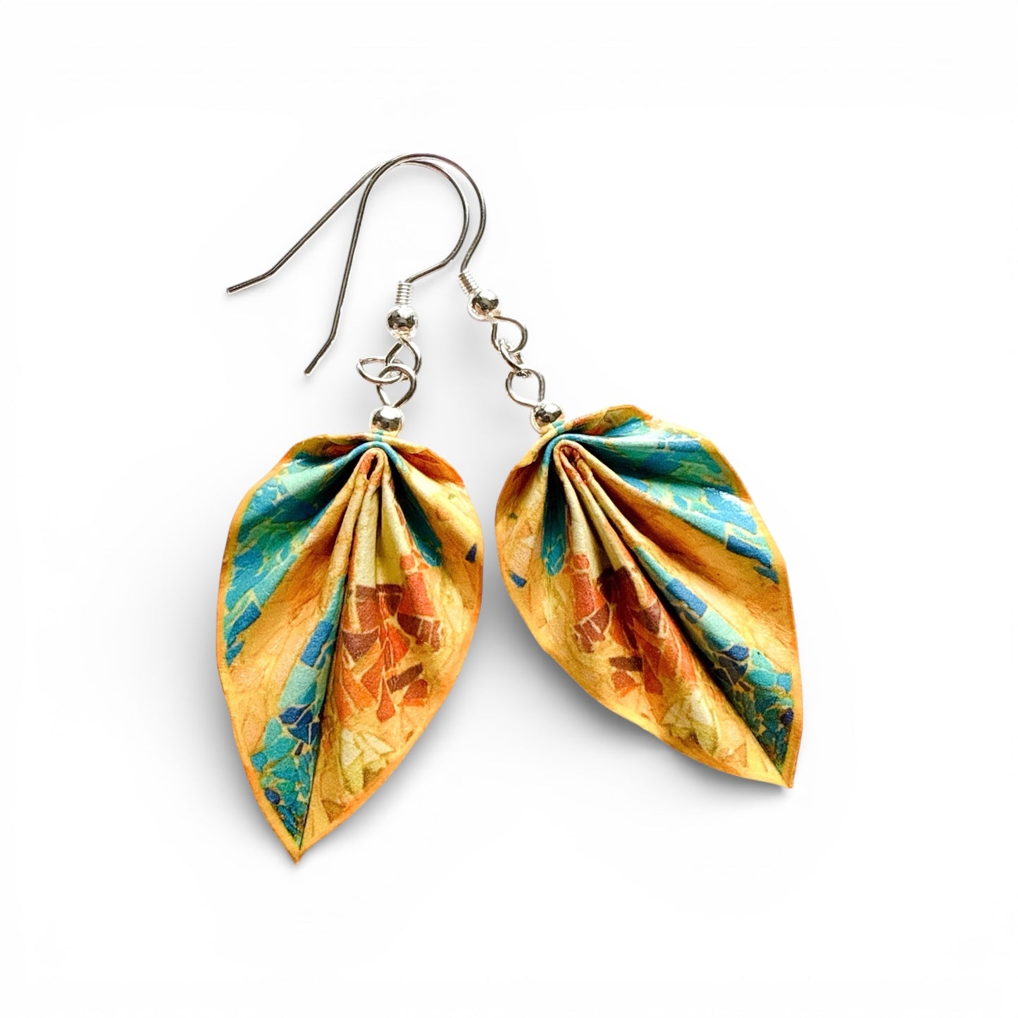 Gaudí Inspired Mosaic Origami Leaf Earrings Terra – Handmade Lightweight Paper Jewelry