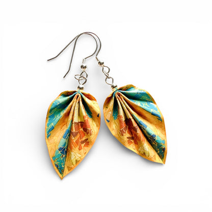 Gaudí Inspired Mosaic Origami Leaf Earrings Terra – Handmade Lightweight Paper Jewelry