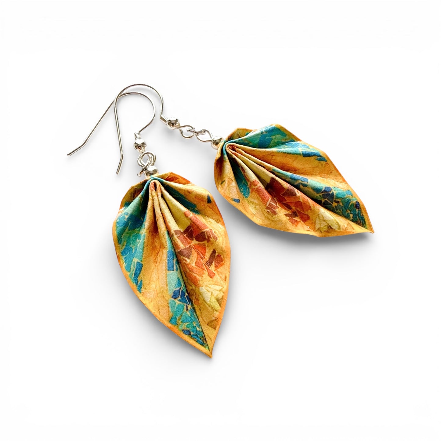 Gaudí Inspired Mosaic Origami Leaf Earrings Terra – Handmade Lightweight Paper Jewelry
