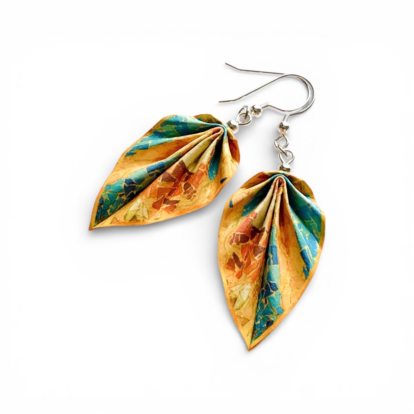 Gaudí Inspired Mosaic Origami Leaf Earrings Terra – Handmade Lightweight Paper Jewelry