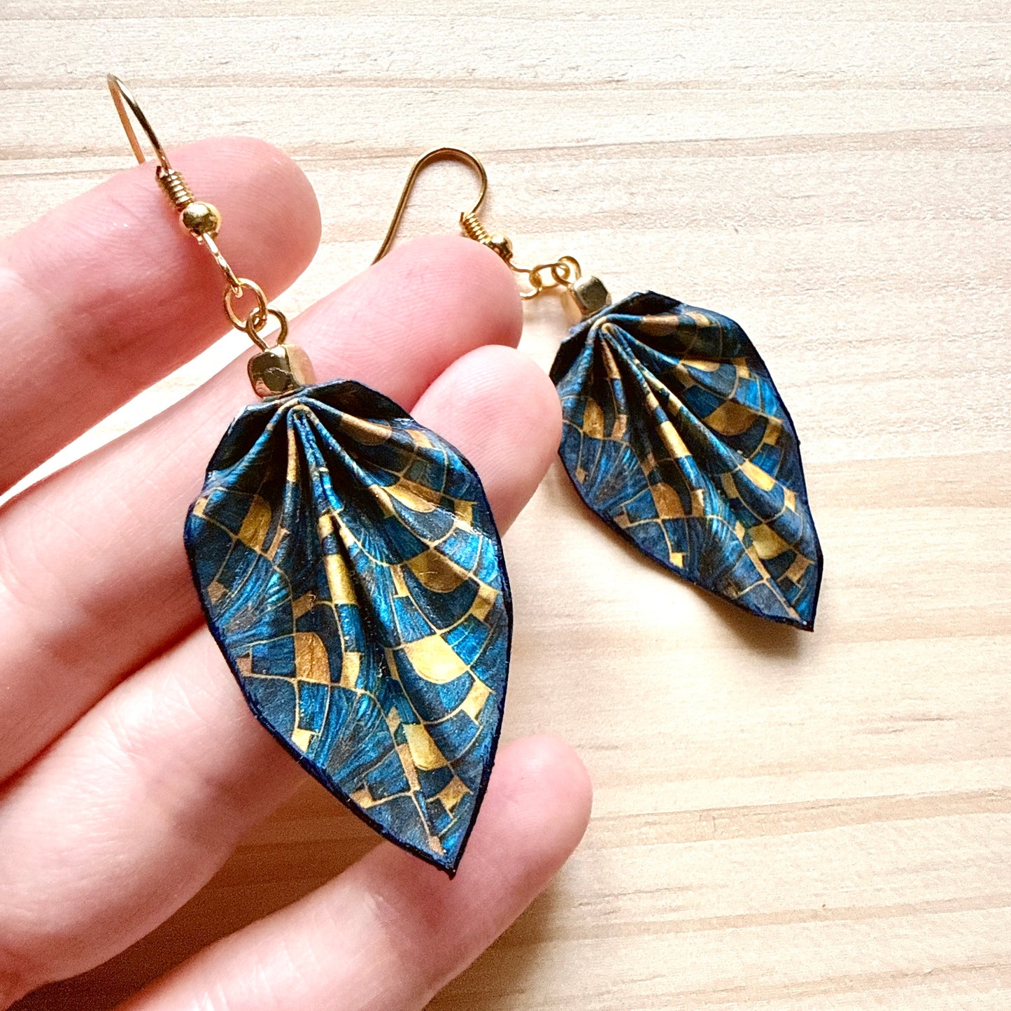 Origami Leaf Earrings: Handmade Paper Jewelry Deepblue