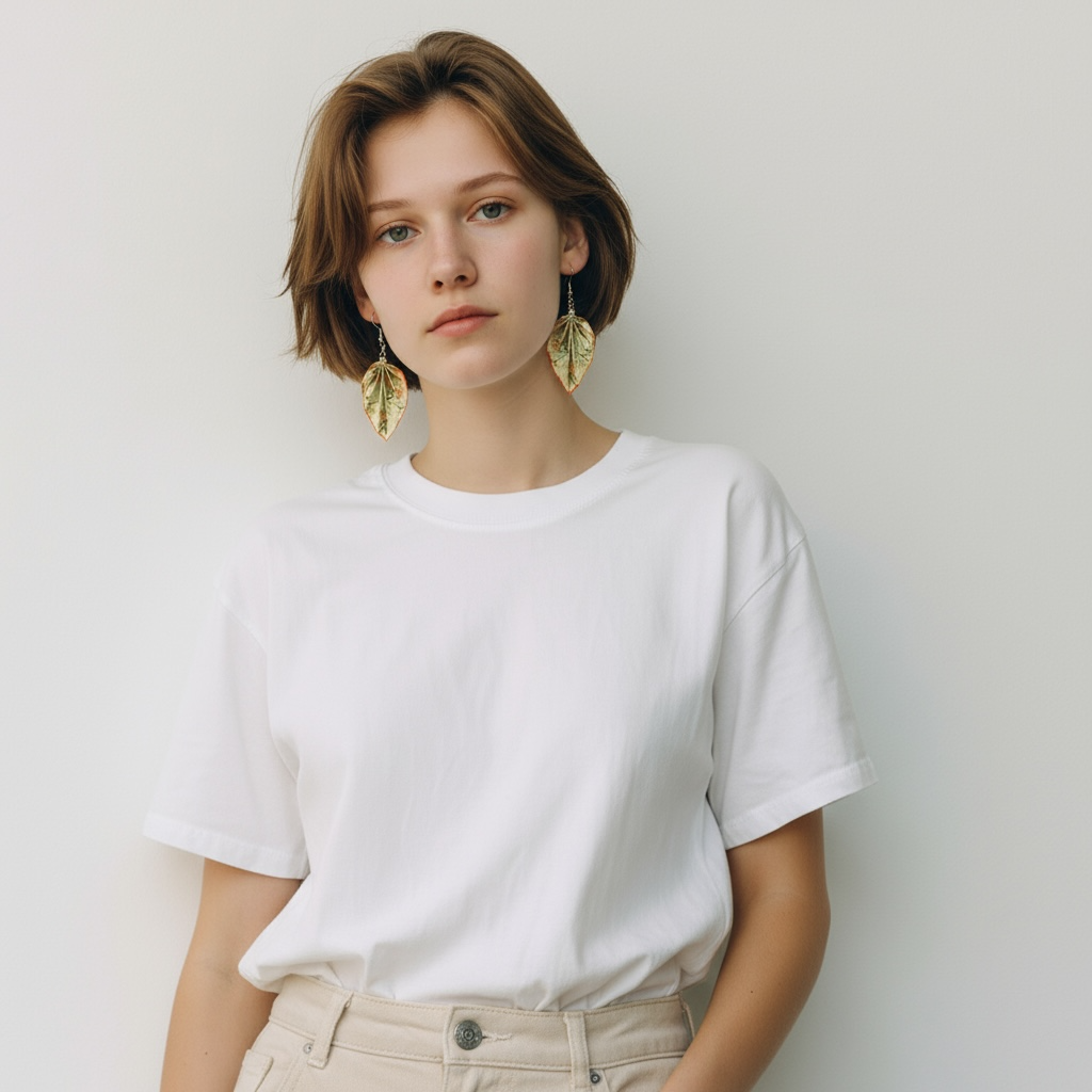 Woman wearing a white t-shirt and beige pants against a plain background