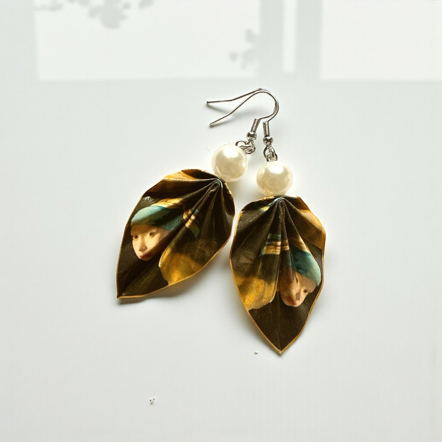 J. Vermeer - Girl with a Pearl Earring (1665) Origami Leaf Earrings: Handmade Paper Jewelry