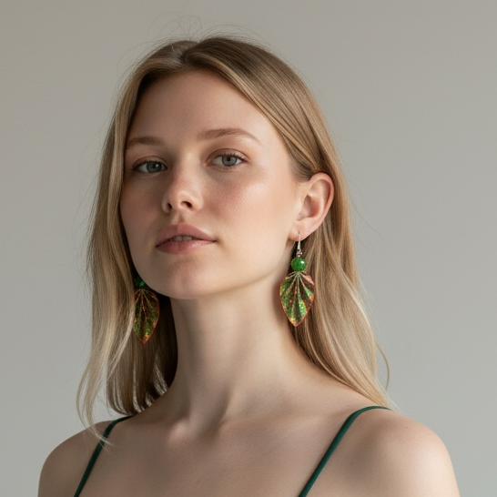 Woman wearing green earrings and a green dress against a neutral background