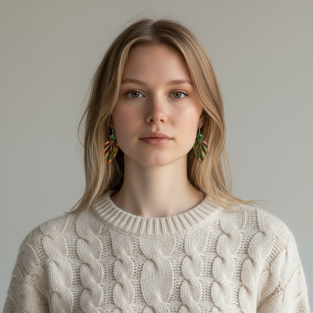 Woman wearing a beige cable knit sweater with a neutral background