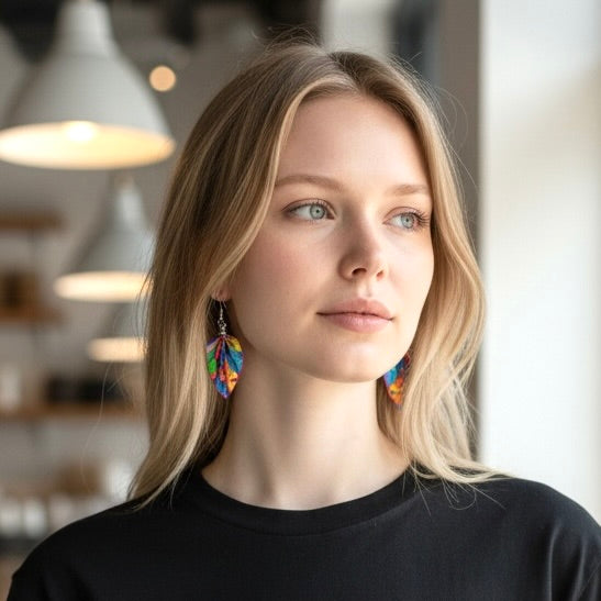 Woman wearing colorful earrings in an indoor setting