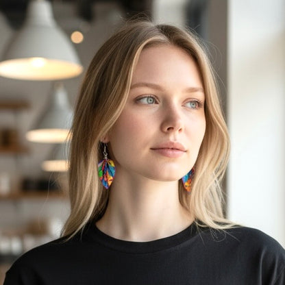 Woman wearing colorful earrings in an indoor setting