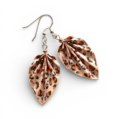 Pink Leopard Origami Earrings Happy 316 Stainless Steel - Water-Resistant Paper Jewelry by HandnPixel