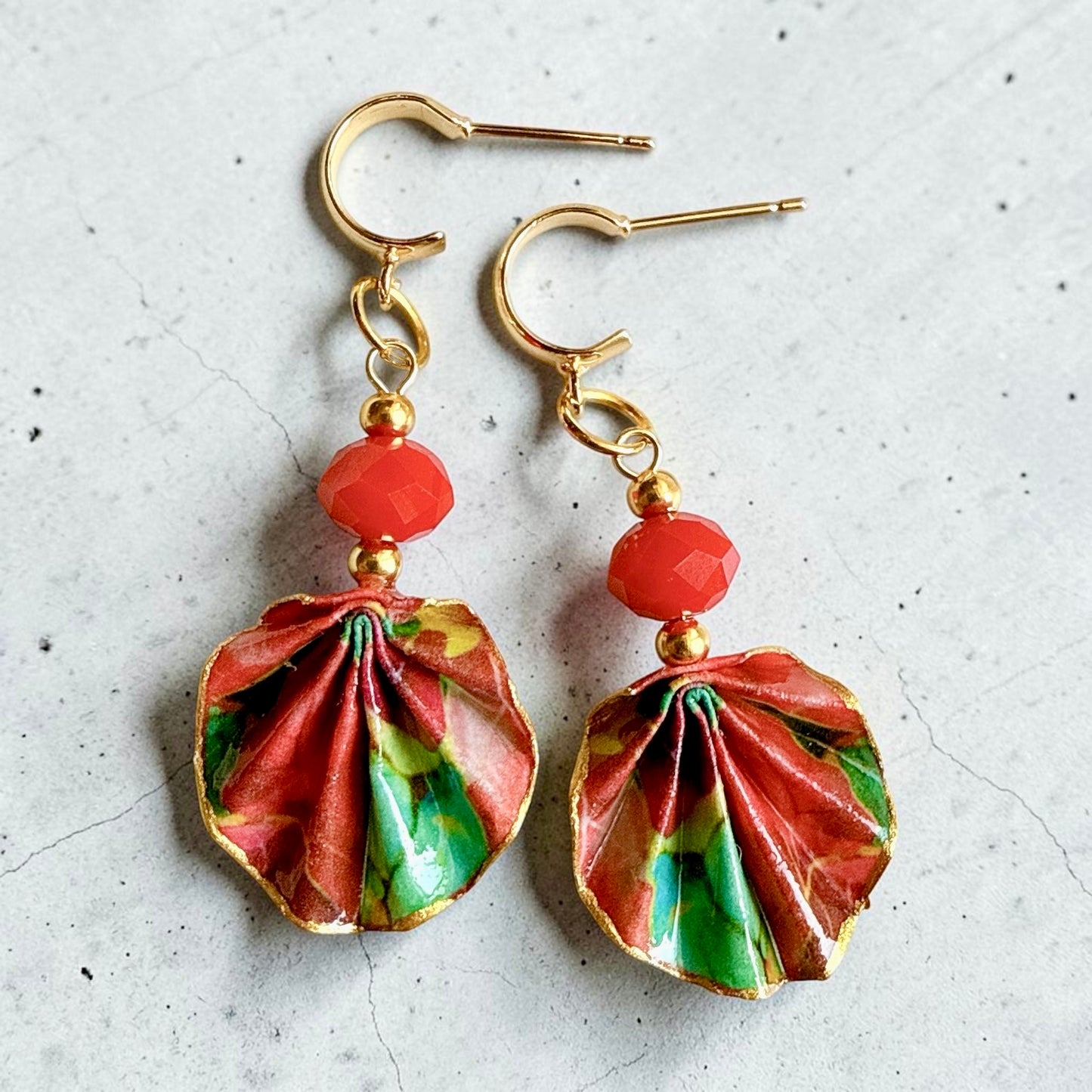 Origami Earrings Green Red : Handmade Paper Jewelry, Lightweight Paper Gift, Flamenco