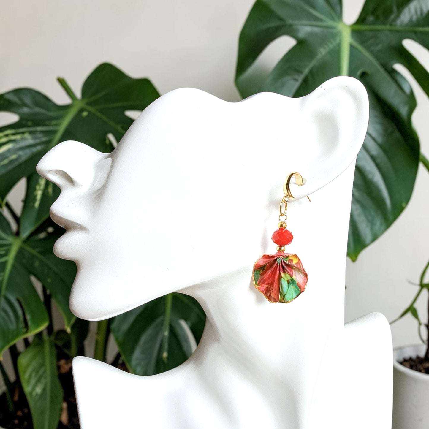 Origami Earrings Green Red : Handmade Paper Jewelry, Lightweight Paper Gift, Flamenco