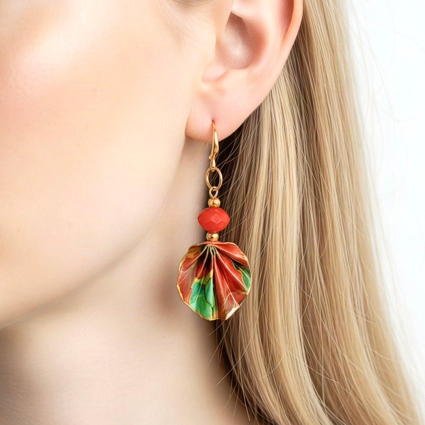 Origami Earrings Green Red : Handmade Paper Jewelry, Lightweight Paper Gift, Flamenco