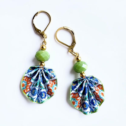 Iznik Tile Pattern Green Origami Leaf Earrings - Handmade Paper Dangle Earrings