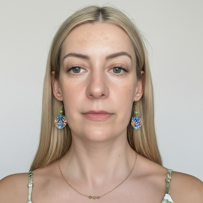 Iznik Tile Pattern Green Origami Leaf Earrings - Handmade Paper Dangle Earrings