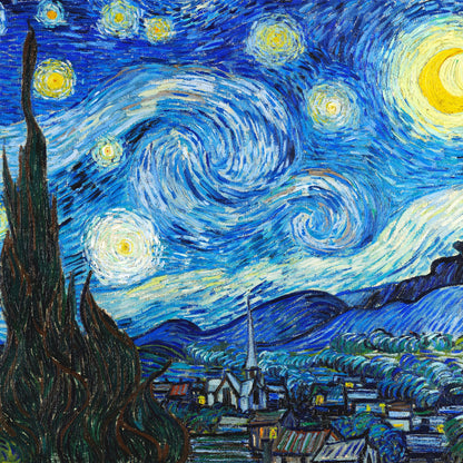 Starry Night painting by Vincent van Gogh with swirling night sky and village below.