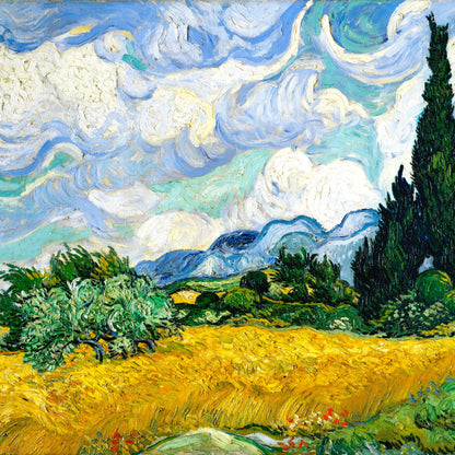Landscape with yellow field, cypress tree, and blue sky with clouds by Vincent van Gogh.
