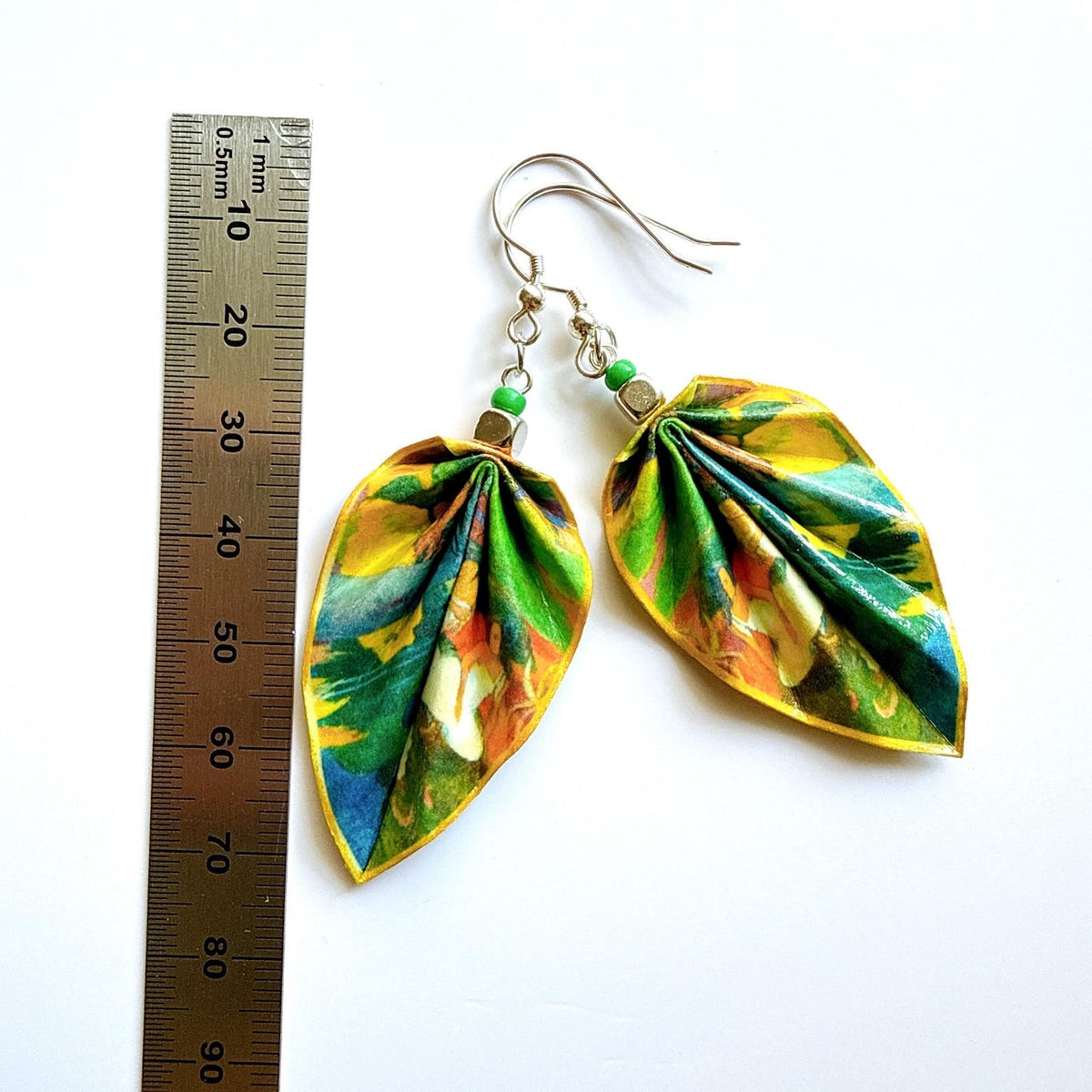 Gauguin Mata Mua Earrings Green Origami Leaf, Dangle Jewelry, Hypoallergenic Wearable Art, Unique Artisan Earrings