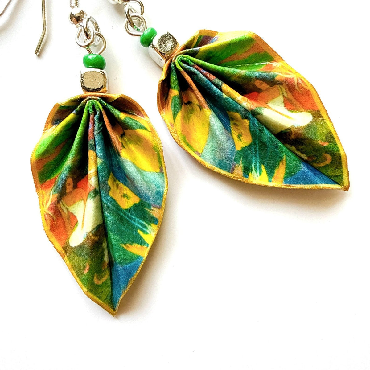 Gauguin Mata Mua Earrings Green Origami Leaf, Dangle Jewelry, Hypoallergenic Wearable Art, Unique Artisan Earrings