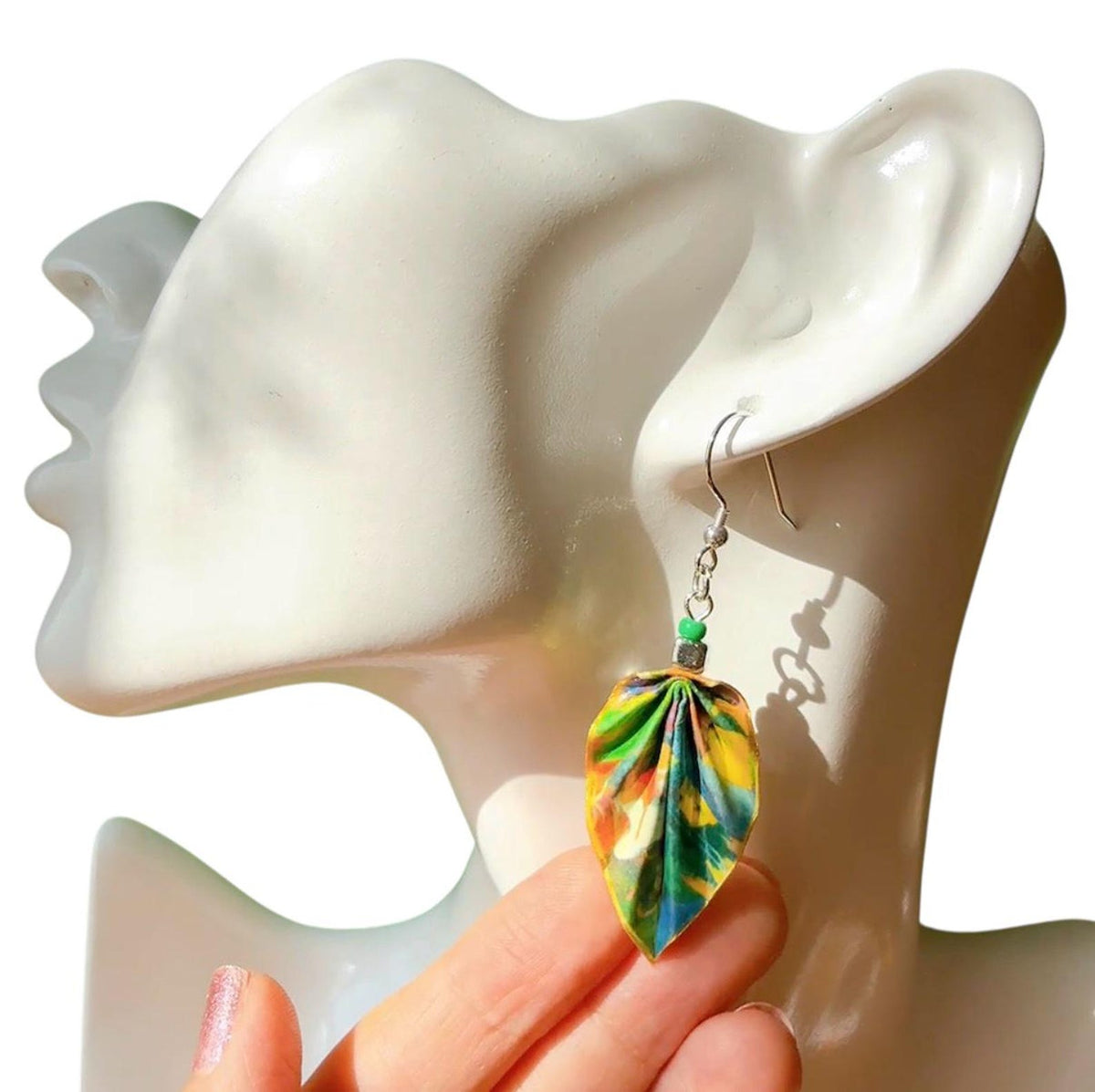 Gauguin Mata Mua Earrings Green Origami Leaf, Dangle Jewelry, Hypoallergenic Wearable Art, Unique Artisan Earrings