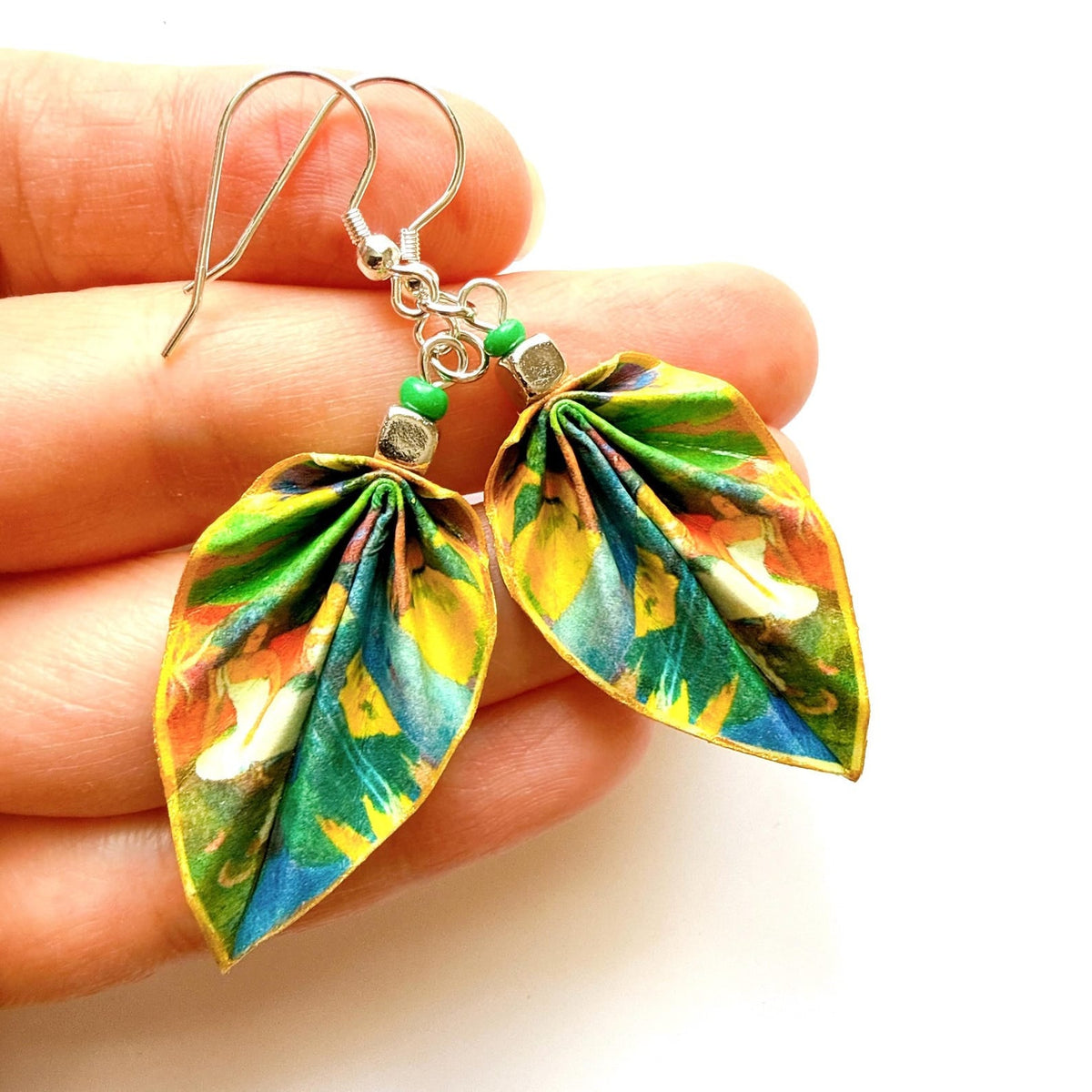 Gauguin Mata Mua Earrings Green Origami Leaf, Dangle Jewelry, Hypoallergenic Wearable Art, Unique Artisan Earrings