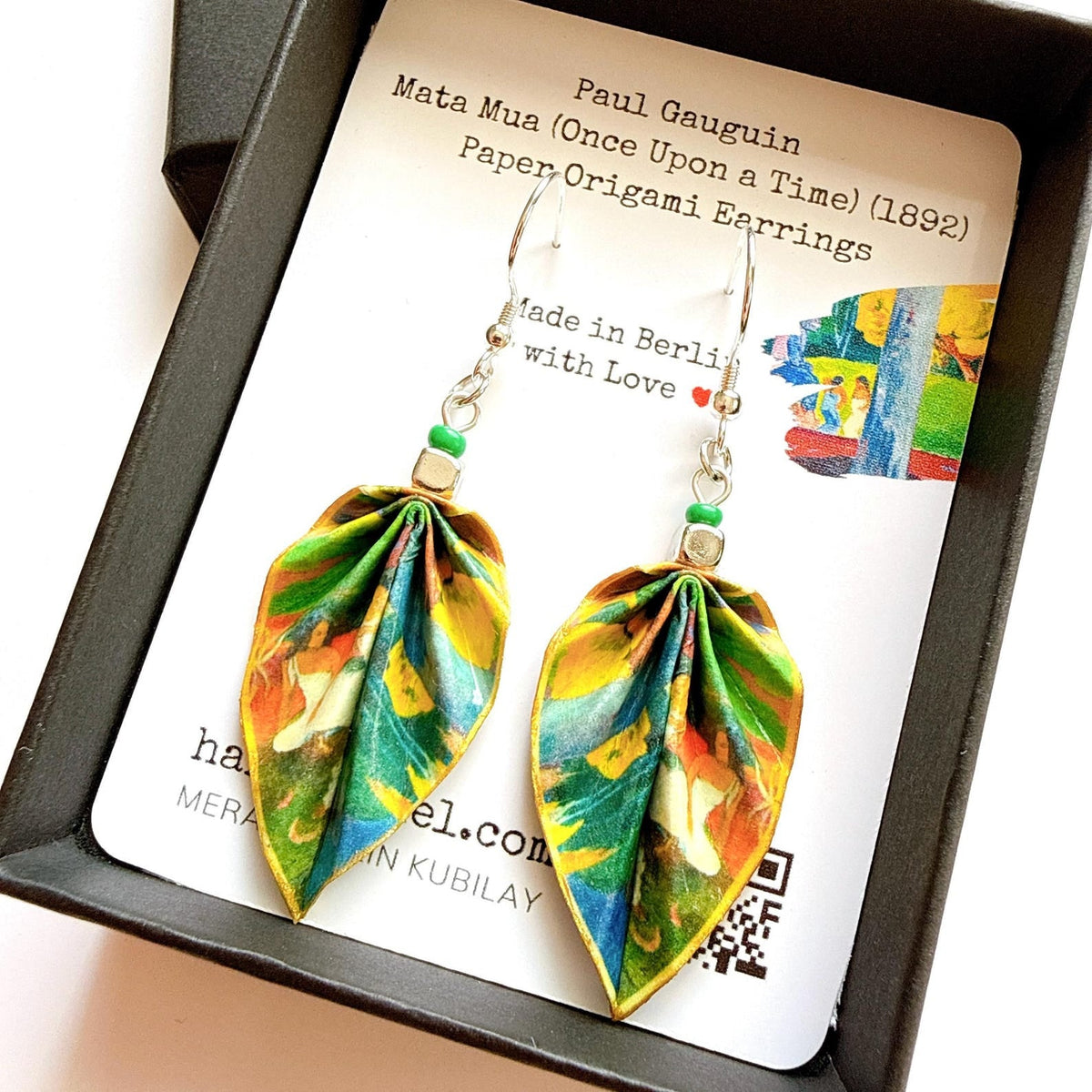 Gauguin Mata Mua Earrings Green Origami Leaf, Dangle Jewelry, Hypoallergenic Wearable Art, Unique Artisan Earrings