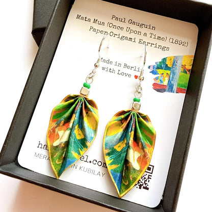 Gauguin Mata Mua Earrings Green Origami Leaf, Dangle Jewelry, Hypoallergenic Wearable Art, Unique Artisan Earrings