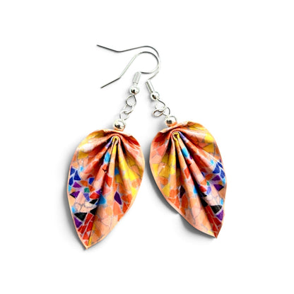 Handmade Earrings Mosaic Origami Earrings, Coral Lightweight Paper Earrings, Paper Art Jewelry
