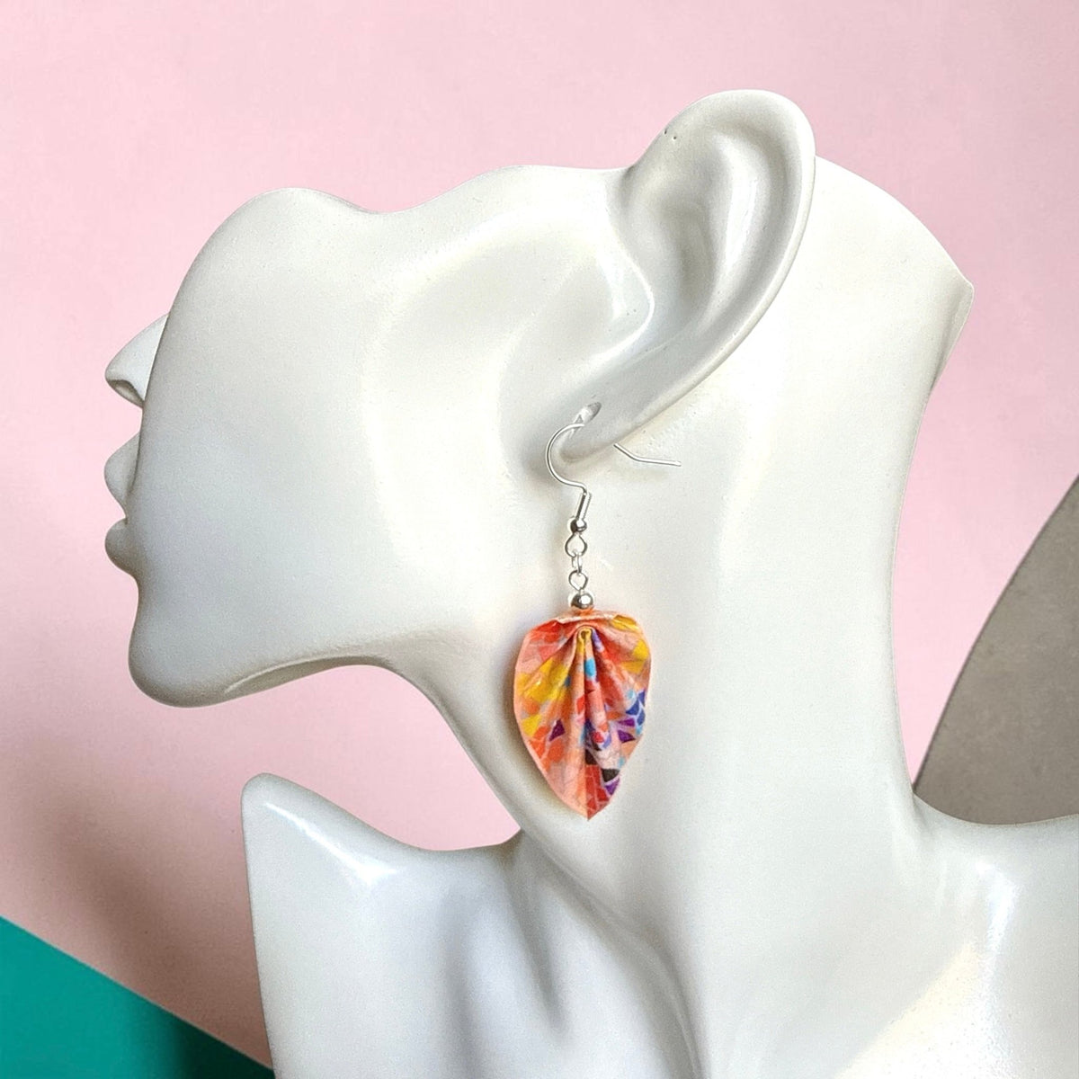 Handmade Earrings Mosaic Origami Earrings, Coral Lightweight Paper Earrings, Paper Art Jewelry
