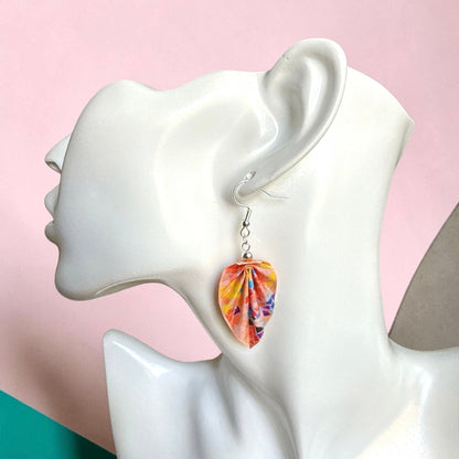 Handmade Earrings Mosaic Origami Earrings, Coral Lightweight Paper Earrings, Paper Art Jewelry