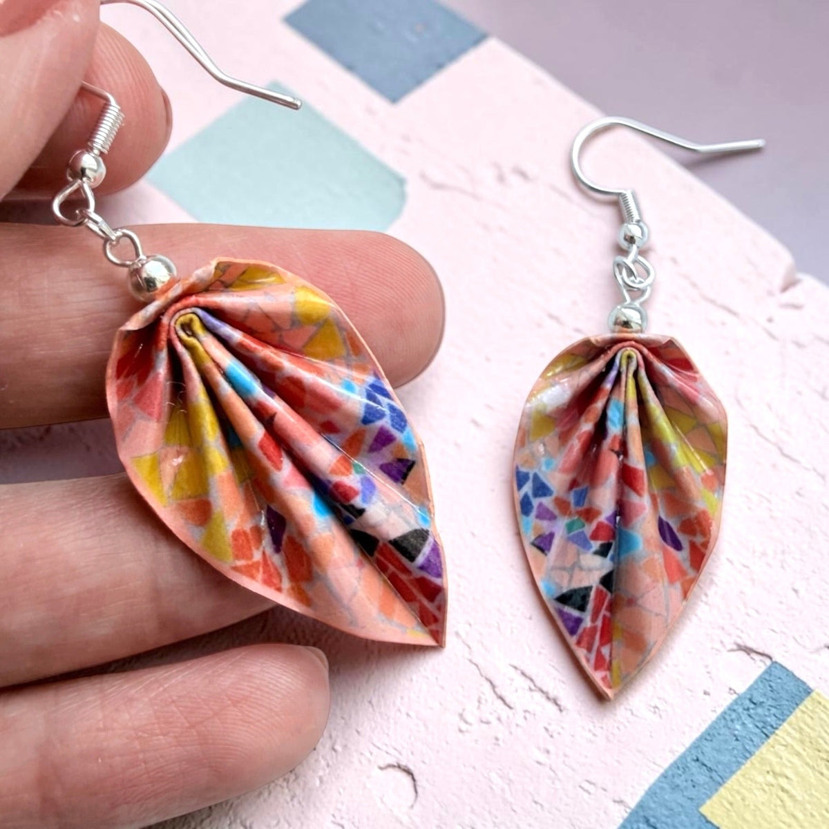 Handmade Earrings Mosaic Origami Earrings, Coral Lightweight Paper Earrings, Paper Art Jewelry