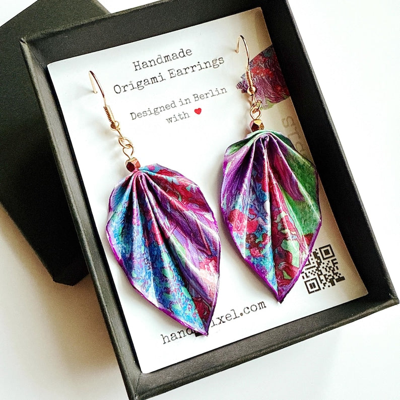Purple Earrings, Handmade Origami Leaf Earrings,Paper Jewelry, Lightweight Paper Gift