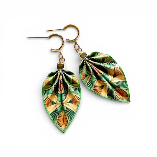 Origami Leaf Earrings Emerald : Handmade Paper Jewelry, Lightweight Paper Gift