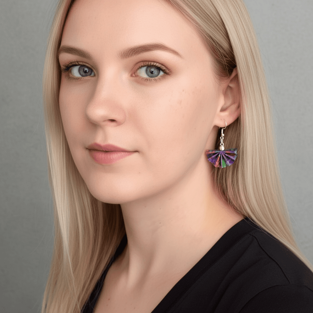 Fan Origami Leaf Earrings Purple Geometric Drop Dangle Earrings Hypoallergenic - Hand & Pixel