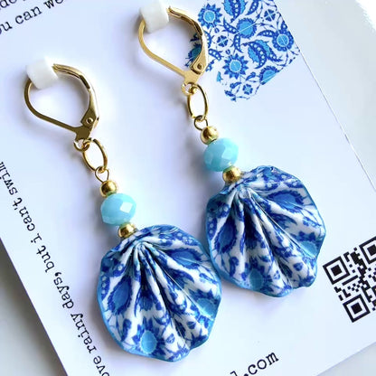 Iznik Tile Pattern Blue Origami Leaf Earrings - Handmade Paper Dangle Earrings