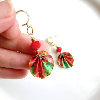Origami Earrings Green Red : Handmade Paper Jewelry, Lightweight Paper Gift, Flamenco
