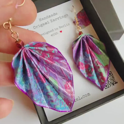 Purple Earrings, Handmade Origami Leaf Earrings,Paper Jewelry, Lightweight Paper Gift