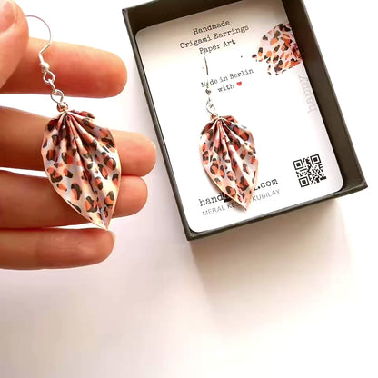 Pink Leopard Origami Earrings Happy 316 Stainless Steel - Water-Resistant Paper Jewelry by HandnPixel