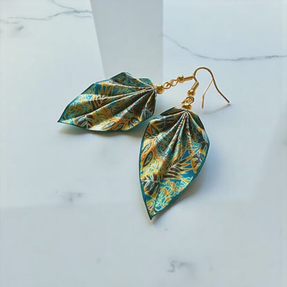 Handmade Origami Leaf Earrings Mystic – Sealed Paper Jewelry, 316 Stainless Steel Hooks, Lightweight, Water-resistant