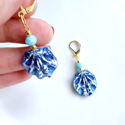 Iznik Tile Pattern Blue Origami Leaf Earrings - Handmade Paper Dangle Earrings
