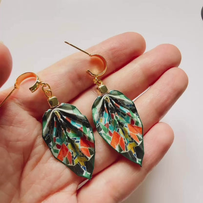 Origami Leaf Earrings Quiet : Handmade Paper Jewelry, Lightweight Paper Gift